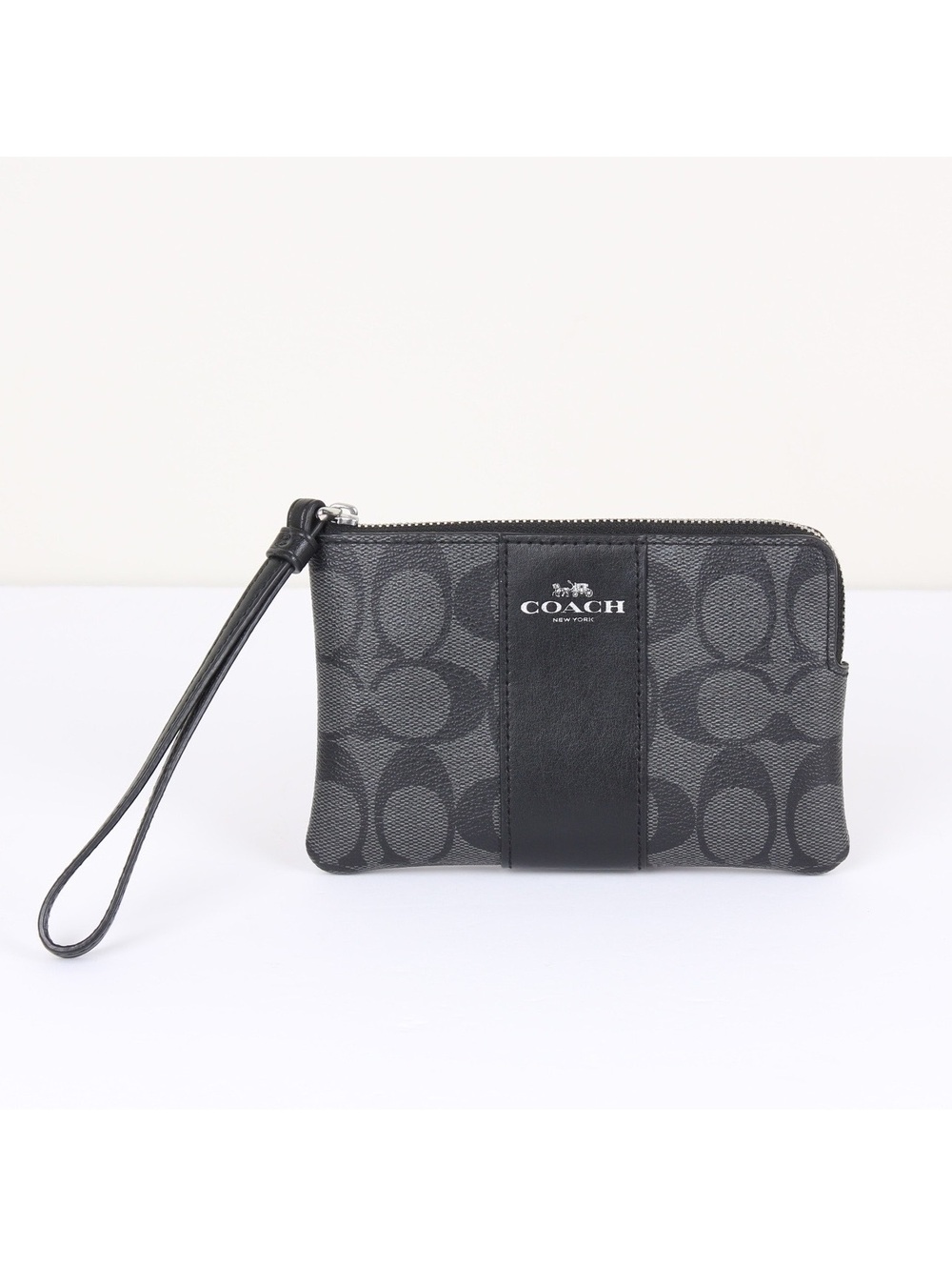 Coach Signature Corner Zip Wristlet Black Charcoal F58035